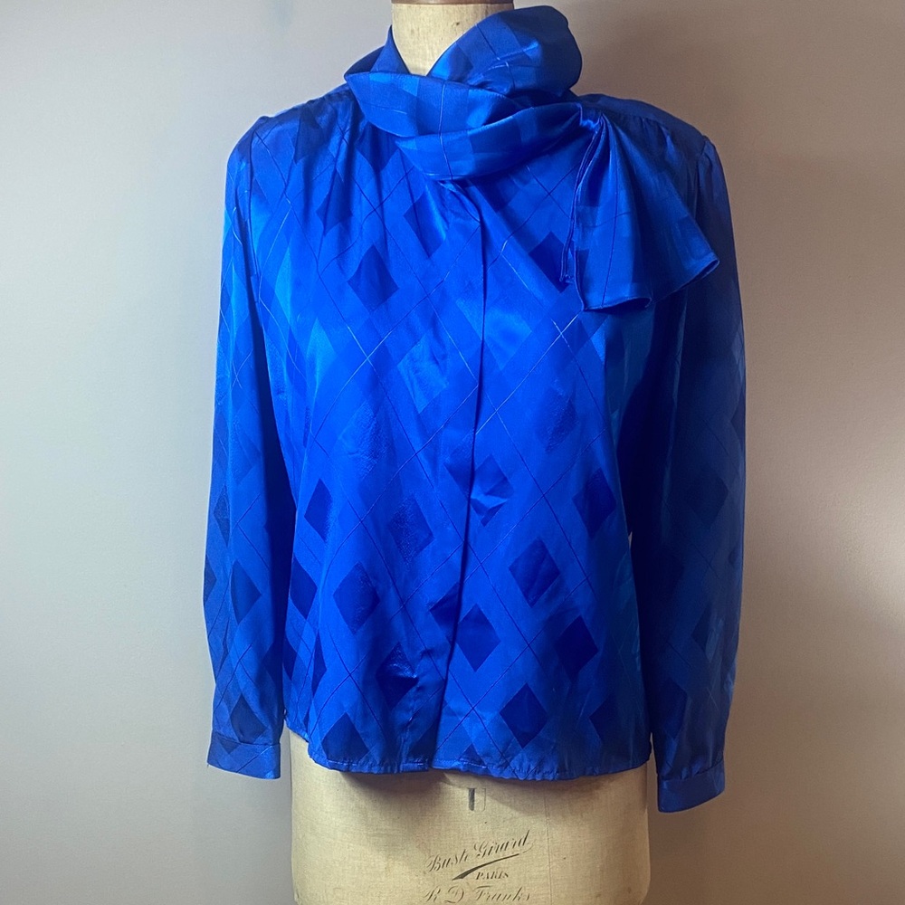 Vintage 80s Chagall Royal Blue Blouse Statement Bow Neck, Boxy Fit, Glam Holiday